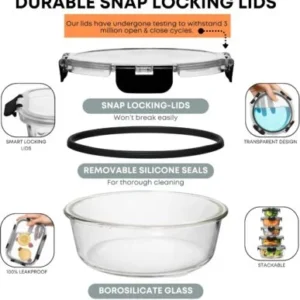 Precio especial con descuento: Juego de 30 recipientes de vidrio Razab para almacenar alimentos con tapa; recipientes reutilizables para preparar comidas y guardar sobras; tapas herméticas y a prueba de fugas con cierre de seguridad; aptos para horno, congelador, microondas y lavavajillas. - Imagen 8