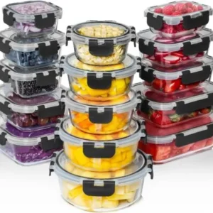Precio especial con descuento: Juego de 30 recipientes de vidrio Razab para almacenar alimentos con tapa; recipientes reutilizables para preparar comidas y guardar sobras; tapas herméticas y a prueba de fugas con cierre de seguridad; aptos para horno, congelador, microondas y lavavajillas.