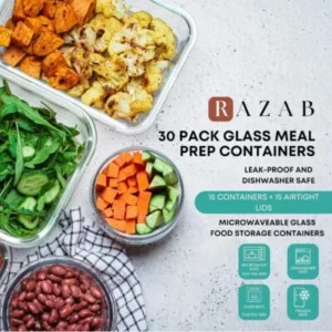 Alternative view of Precio especial con descuento: Juego de 30 recipientes de vidrio Razab para almacenar alimentos con tapa; recipientes reutilizables para preparar comidas y guardar sobras; tapas herméticas y a prueba de fugas con cierre de seguridad; aptos para horno, congelador, microondas y lavavajillas.